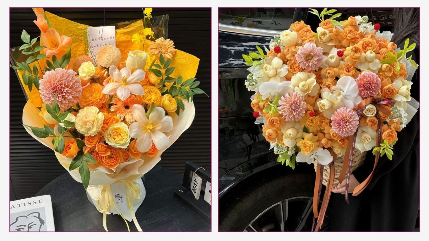 Hình ảnh ghép hai mẫu bó hoa sáp thơm tông màu cam nhạt và vàng tươi rực rỡ được cắm tròn đầy đặn. Bó hoa kết hợp khéo léo với giấy gói hiện đại và dây nơ mềm mại, là thiết kế bó hoa sáp quà tặng sang trọng dành riêng cho các dịp sinh nhật, chúc mừng hay tốt nghiệp.